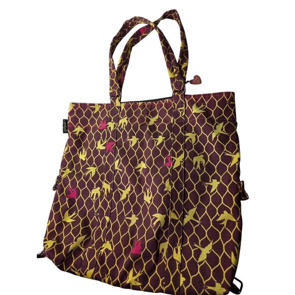 YAK PAK Brown Yellow Bird Flying Shopping Beach Large 16" Tote Bag - Picture 1 of 13